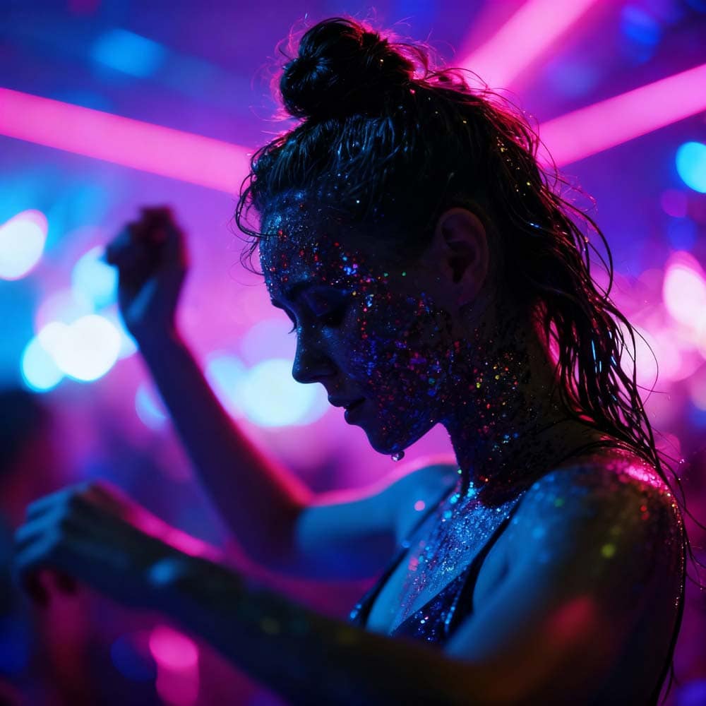Frau mit glitzerndem Gesicht und nassen Haaren, die im Nachtclub tanzt, umgeben von bunten Lichtern.