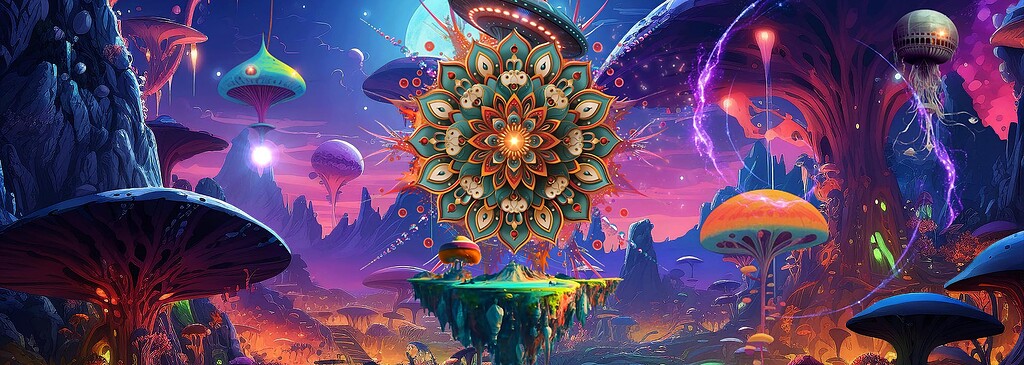 Psychedelische Darstellung eines Mandala-Designs in einer bunten, surrealen Landschaft.