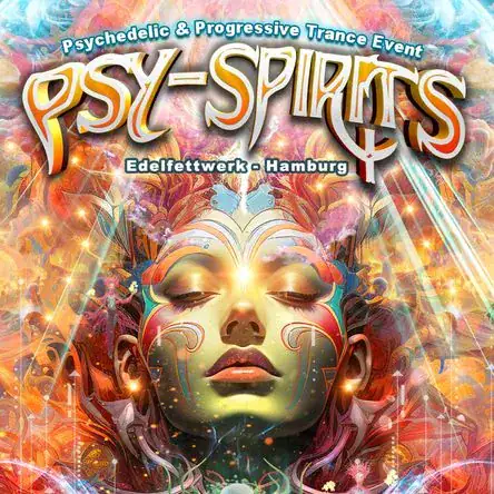 Plakat für das Psy-Spirits Event mit psychedelischen und progressiven Trance-Elementen in Hamburg.