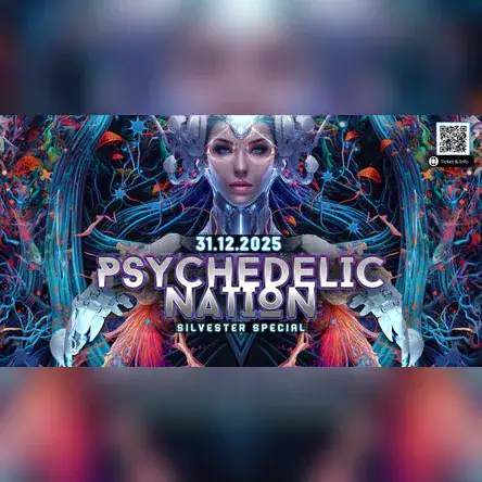 Grafik für die Veranstaltung Psychedelic Nation Silvester Special am 31.12.2025 mit bunten, psychedelischen Elementen.