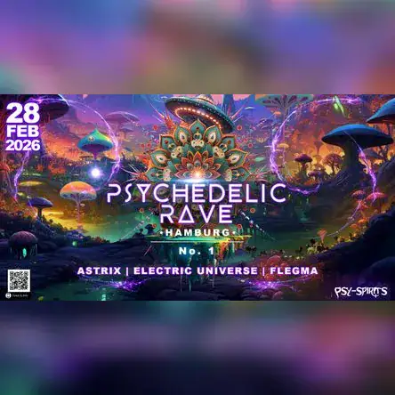 Plakat für die Psychedelic Rave Veranstaltung in Hamburg am 28. Februar 2026 mit bunten, fantasievollen Elementen.