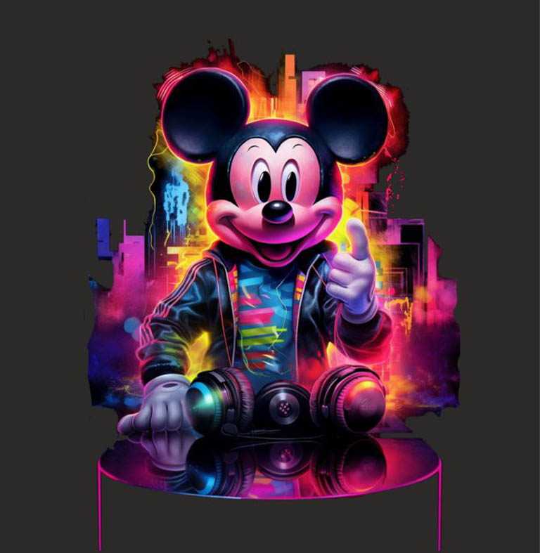 Mickey Mouse in einem bunten, neonartigen Design mit Kopfhörern und Daumen hoch.