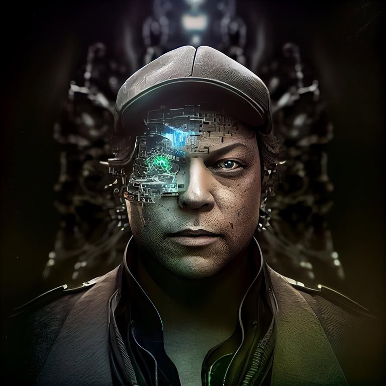 Porträt eines Mannes mit einem mechanischen, cyborgartigen Gesicht und einem modernen Hut, der futuristische Elemente integriert.